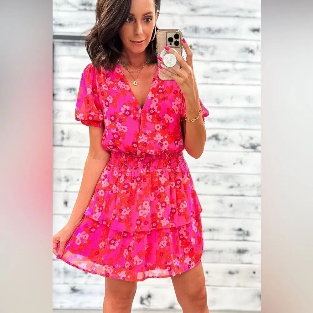 ROBERTSON + RODEO CANDY SHOP POPPY PINK FLORAL SURPLICE RUFFLE DRESS sz M